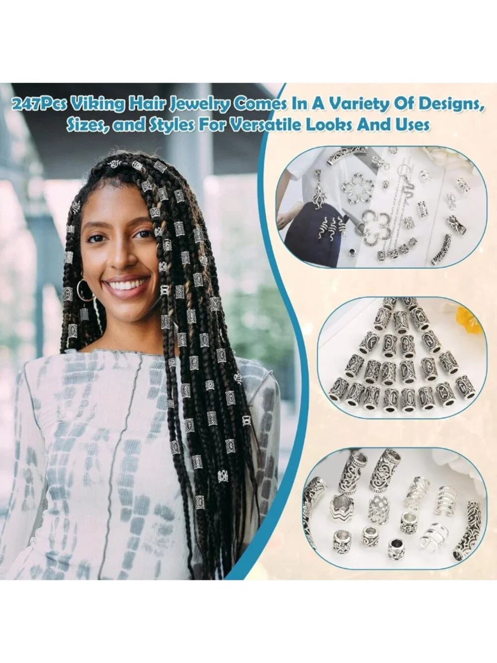 Viking Hair Accessories Set - 247 Pcs Norse Runes Beads, Metal Cuffs & Dreadlock